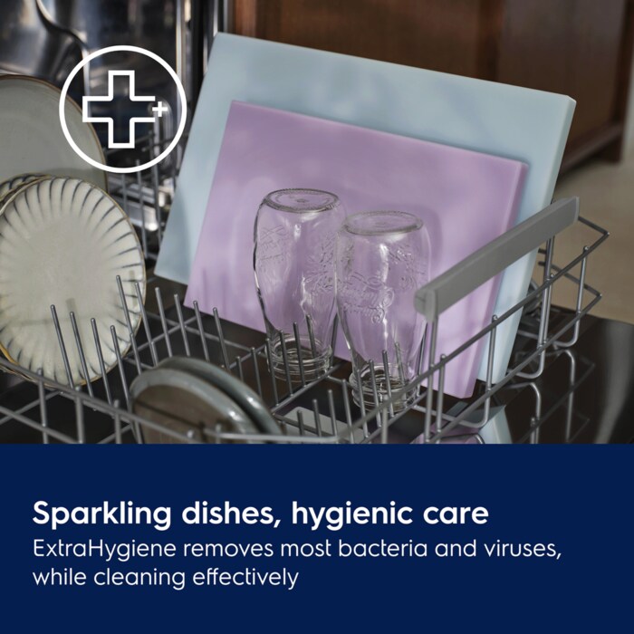 Sparklng dishes, hygienic care. ExtraHygiene removes most bacteria and viruses, while cleaning effctively.