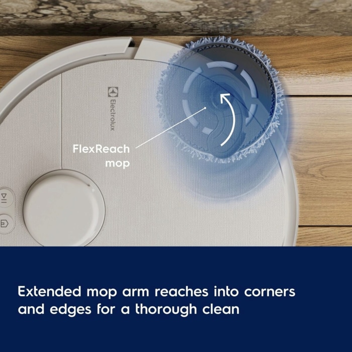 Extended mop arm reaches into corners and edges for a thorough clean