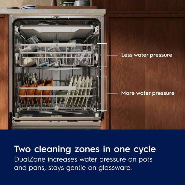 1 cycle, 2 zones. Intense on pots and pans, gentle on glassware. DualZone: One zone for pots and pans, one zone for glassware.



