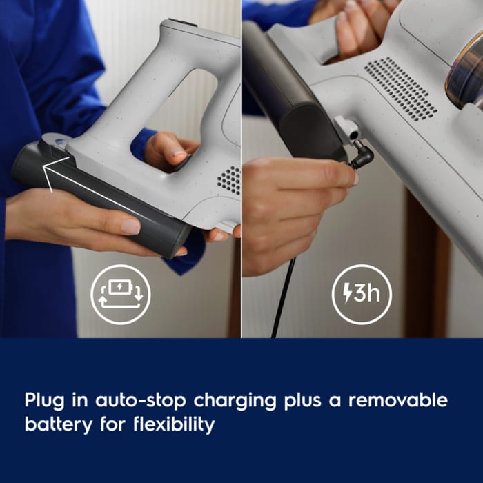 Plug in auto‑stop charging plus a removable battery for flexibility