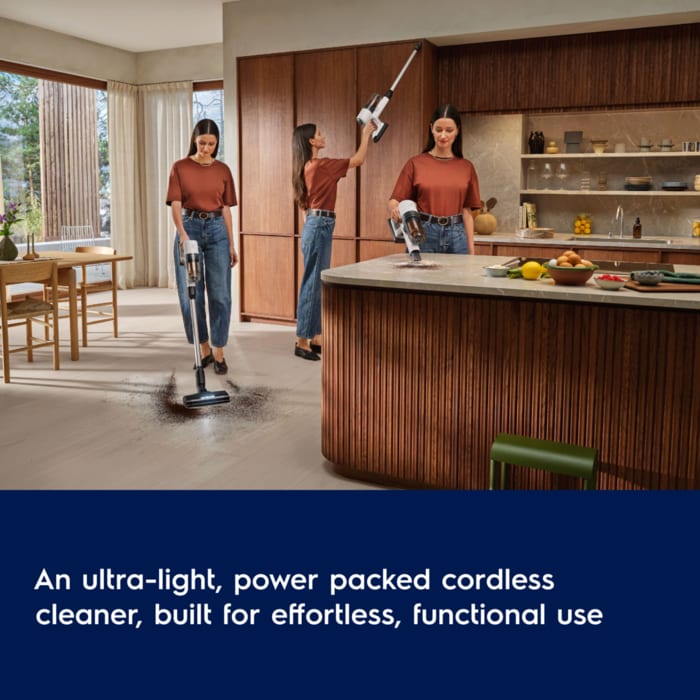 An ultra-light, power packed cordless cleaner, built for effortless, functional use