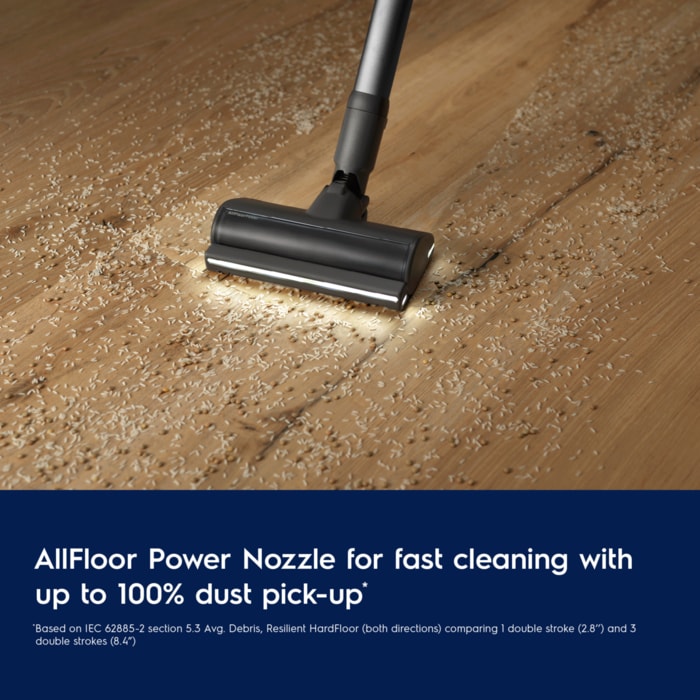 AllFloor Power Nozzle for fast cleaning with up to 100% dust pick-up.
Disclaimer: Based on IEC 62885-2 section 5.3 Avg. Debris, Resilient HardFloor (both directions) comparing 1 double stroke (2.8") and 3 double strokes (8.4")