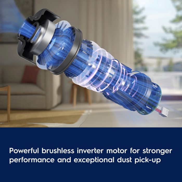 Powerful brushless inverter motor for stronger performance and exceptional dust pick-up.