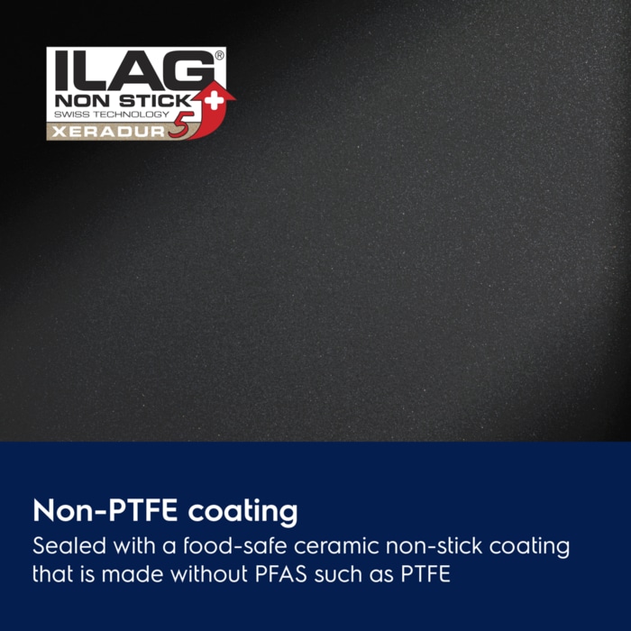 Non-PTFE coating. Sealed with a food-safe ceramic non-stick coating that is made without PFAS such as PTFE