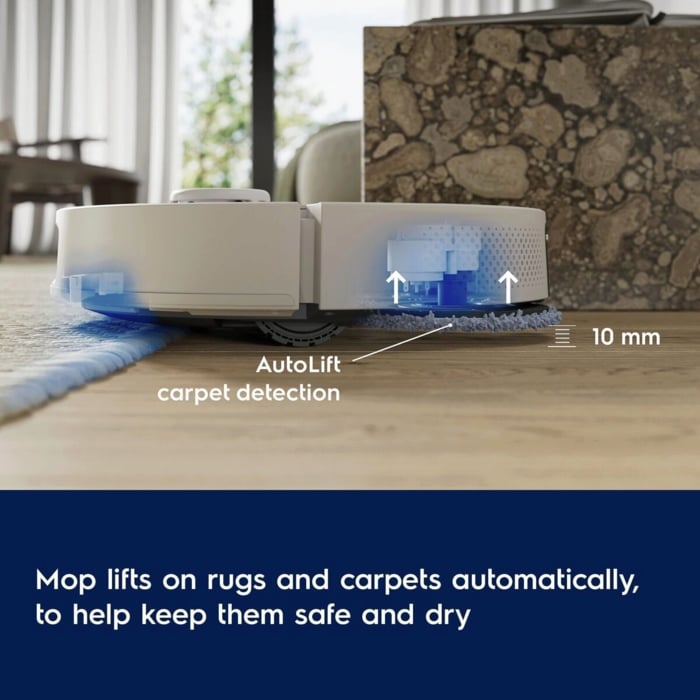 Mop lifts on rugs and carpets automatically, to help keep  them safe and dry.