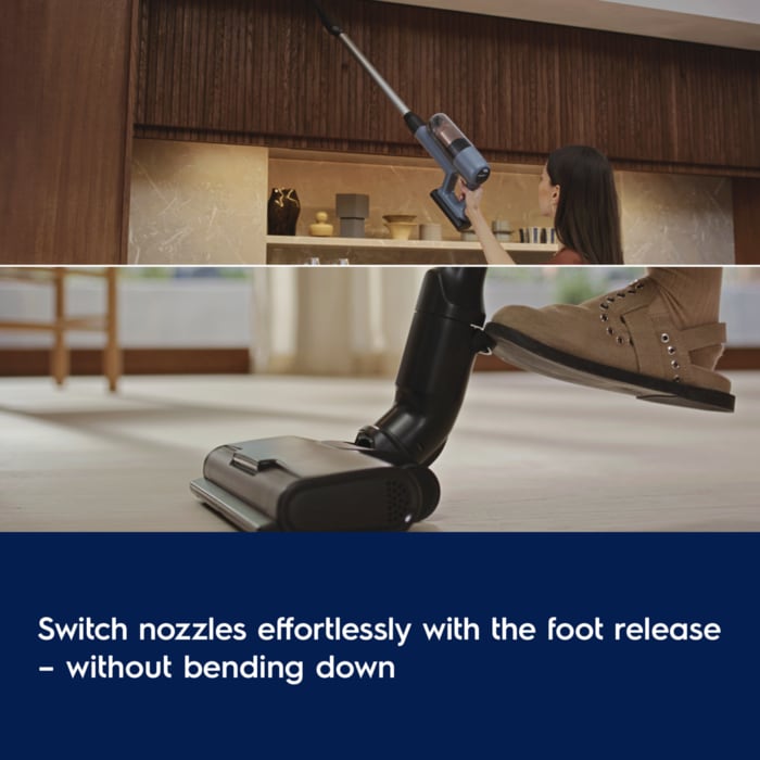 Switch nozzles effortlessly with the foot release – without bending down