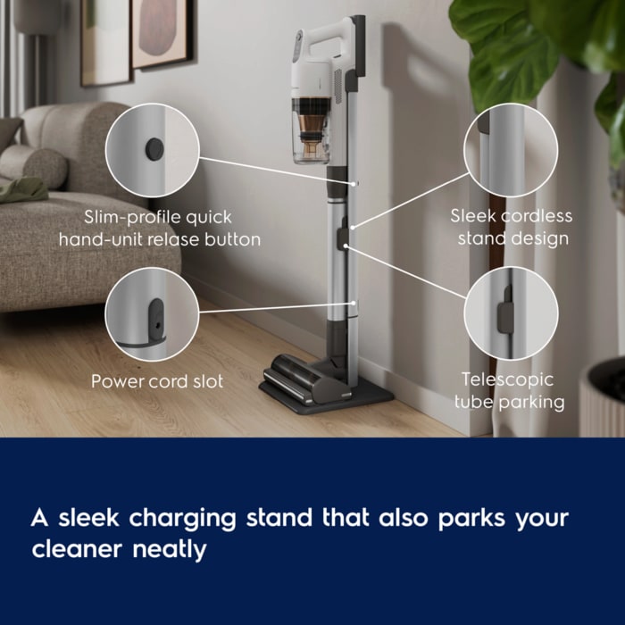 A sleek charging stand that also parks your cleaner neatly