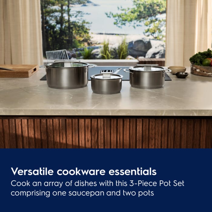 Versatile everyday cookware. Cook an array of dishes with this 3-Piece Pot Set comprising one saucepan and two pots