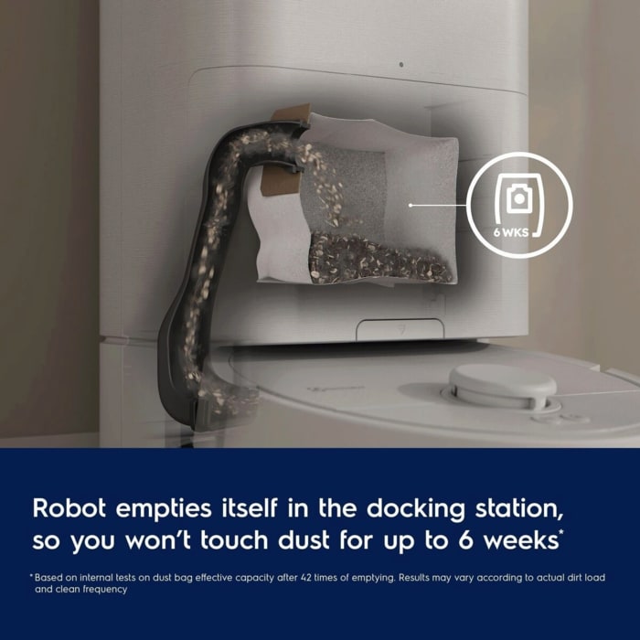 Robot empties itself in the docking station, so you won’t touch dust for up to 6 weeks
Disclaimer: Based on internal tests on dust bag effective capacity after 42 times of emptying. Results may vary according to actual dirt load and clean frequency