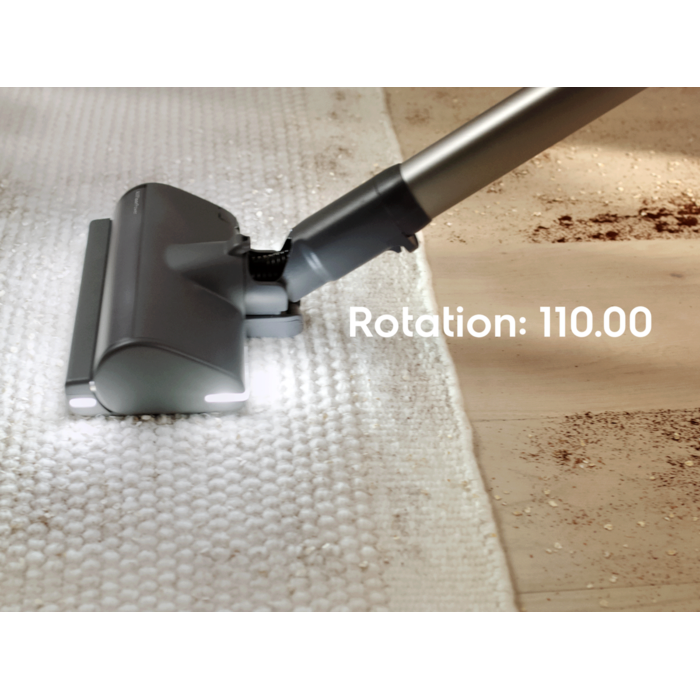 100% dust pick-up* with powerful brushroll rotations. Discalimer: Based on IEC 62885-2 section 5.3 Avg. Debris, Resilient HardFloor (both directions) comparing 1 double stroke (2.8’’) and 3 double strokes (8.4”) 