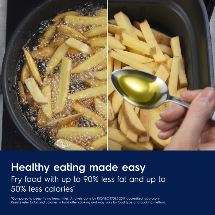 Healthy eating made easy
Fry food with up to 90% less fat and up to
50% less calories*
*Compared to deep-frying french fries. Analysis done by ISO/IEC 17025:2017 accredited laboratory. Results refer to fat and calories in food after cooking and may vary by food type and cooking method.