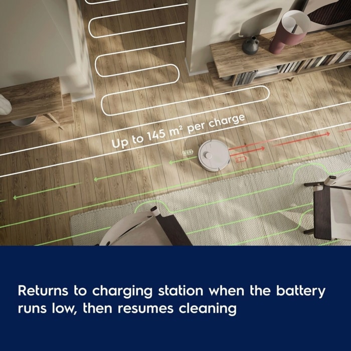 Returns to charging station when the battery runs low, then resumes cleaning