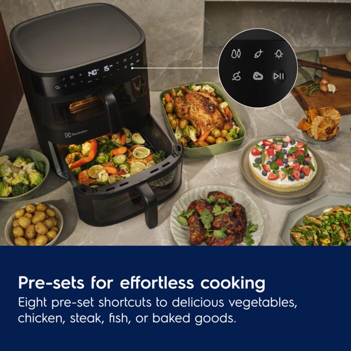 Pre-sets for effortless cooking
Eight pre-set shortcuts to delicious vegetables, chicken, steak, fish, or baked goods.