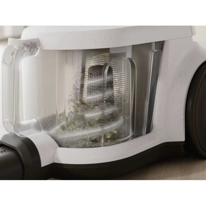 Vacuum cleaner with cyclone separator for efficient cleaning with less frequent bin emptying.*Based on internal test according to IEC 62885-2 edition 2.0.5.1.5, 10 & 5.12