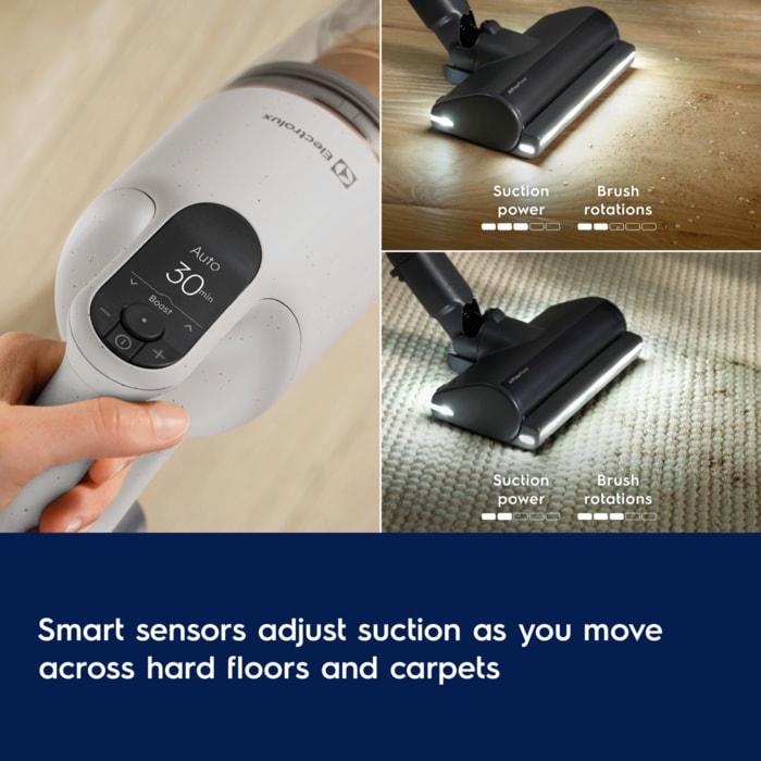 Smart sensors adjust suction as you move across hard floors and carpets.
