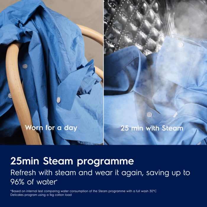 25min Steam programme. Refresh with steam and wear it again, saving up to 96% of water*. Disclaimer: *Based on internal test comparing water consumption of the Steam programme with a full wash 30°C Delicates program using a 1kg cotton load.