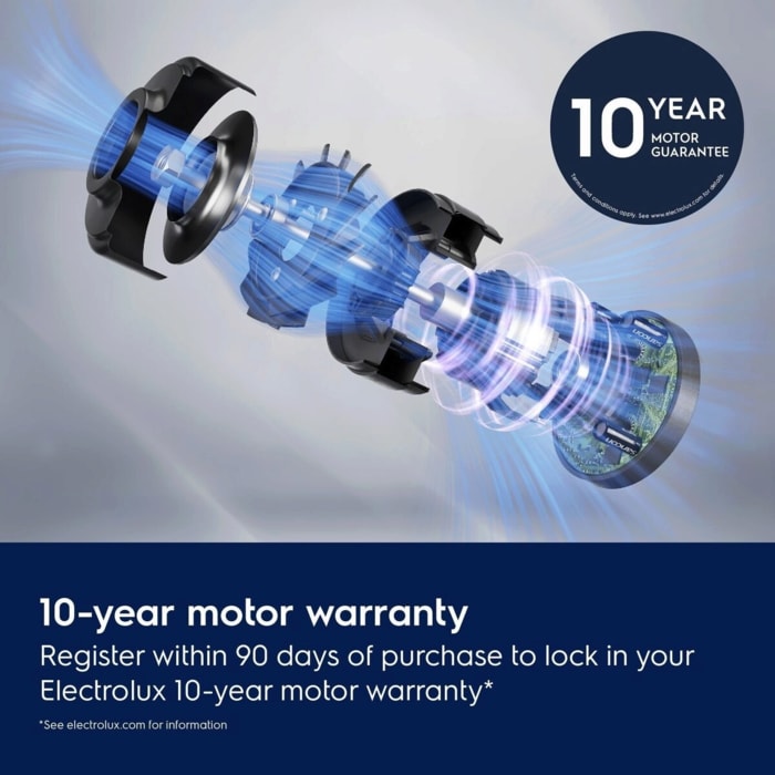 10-year motor warranty. Register within 90 days of purchase to lock in your Electrolux 10-year motor warranty. Disclaimer: See electrolux.com for information.