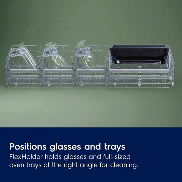 Flexible holder for oven trays, tall glasses and stemware. FlexHolder secures glasses and trays in the lower basket.
