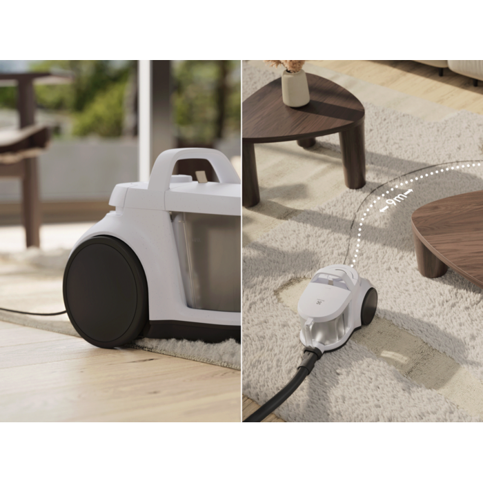 Easy to move, Easy to store, Big wheels and 9m cord for high mobility. Compact for easy storage