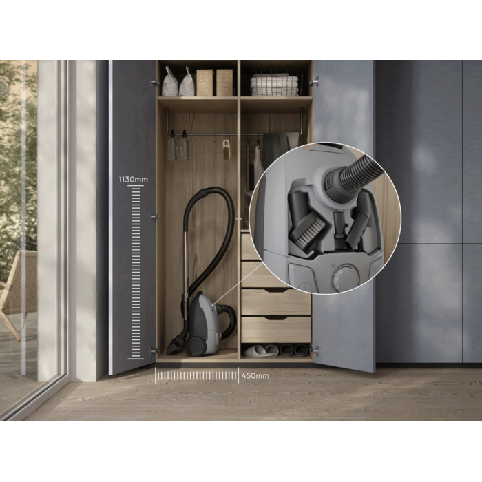 COMPACT DESIGN FOR EASY STORAGE Convenient size to fit into any home, and the accessories are stored on-board for easy access