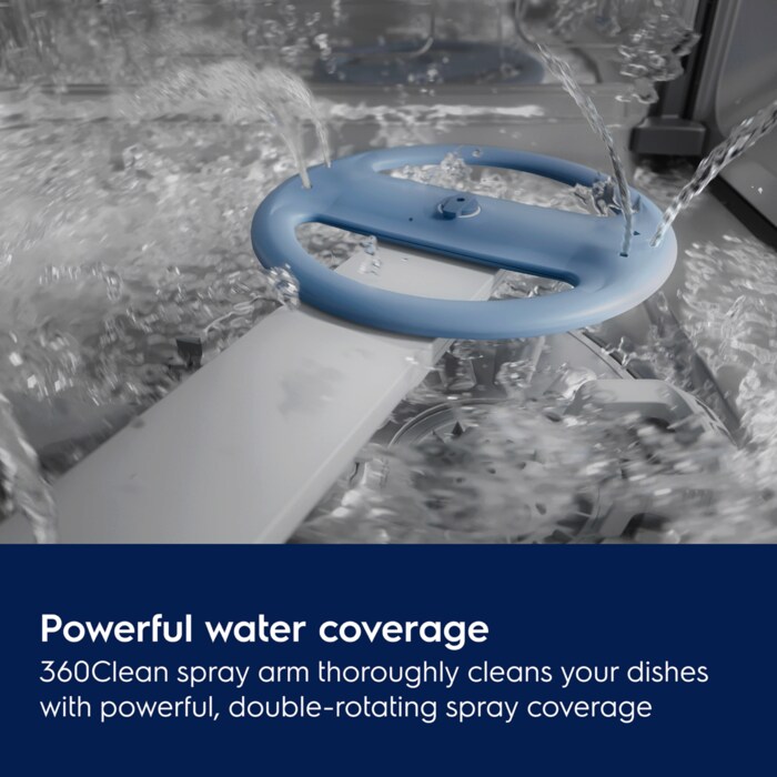 Powerful, water coverage. 360Clean spray arm thoroughly cleans your dishes with powerful, double-rotating spray coverage.