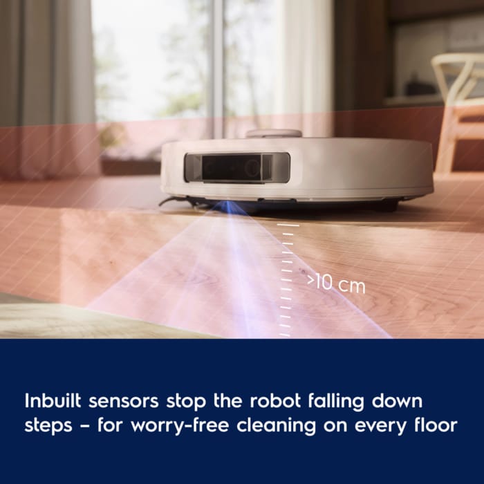 Inbuilt sensors stop the robot falling down steps – for worry-free cleaning on every floor 
