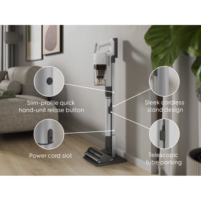 A sleek charging stand that also parks your cleaner neatly