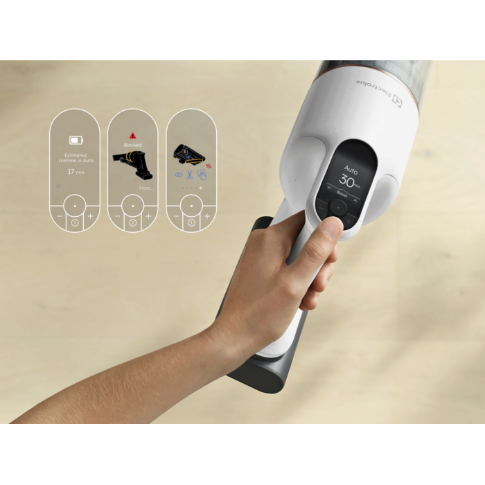 The LCD display shows key performance indicators.