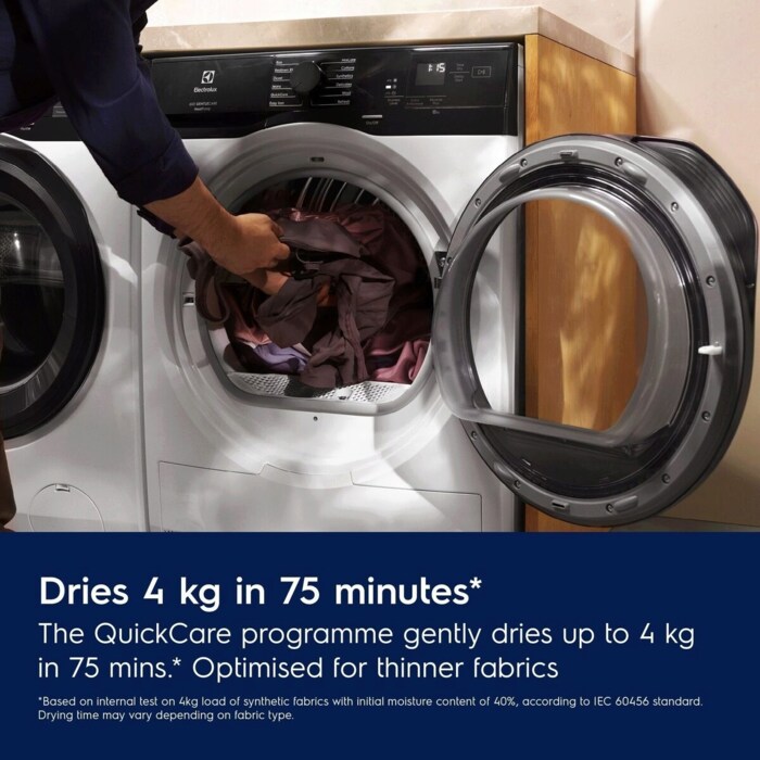 Dries 4 kg in 75 minutes*. The QuickCare programme gently dries up to 4 kg in 75 mins*. Optimised for thinner fabrics. Disclaimer: Based on internal test on 4kg load of synthetic fabrics with initial moisture content of 40%, according to IEC 60456 standard. Drying time may vary depending on fabric type.