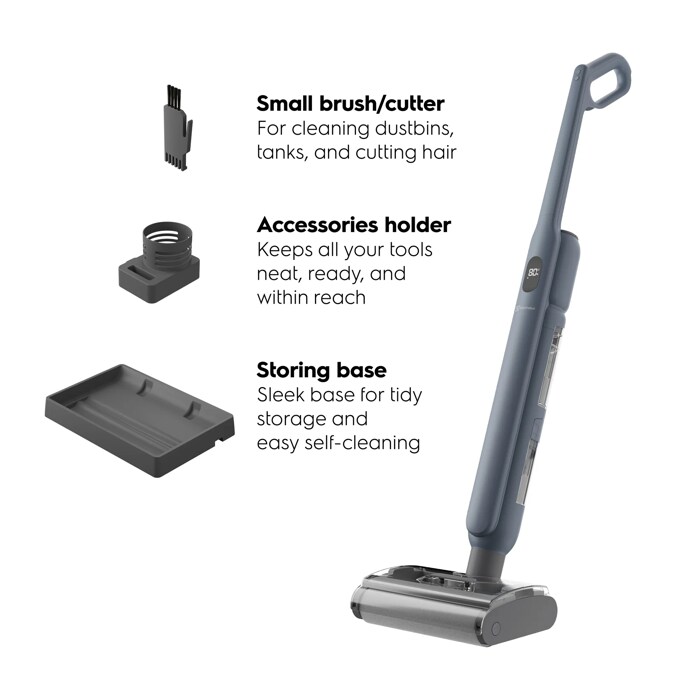 Small brush/cutter: For cleaning dustbins, tanks, and cutting hair. Accessories holder: Keeps all your tools neat, ready, and within reach. Storing base: Sleek base for tidy storage and easy self-cleaning.