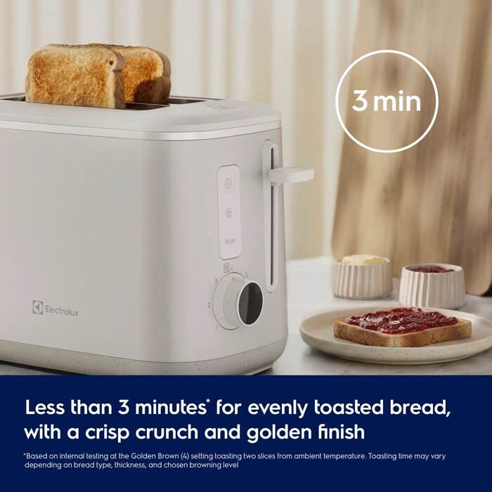 Less than 3 minutes for evenly toasted bread, with a crisp crunch and golden finish.
