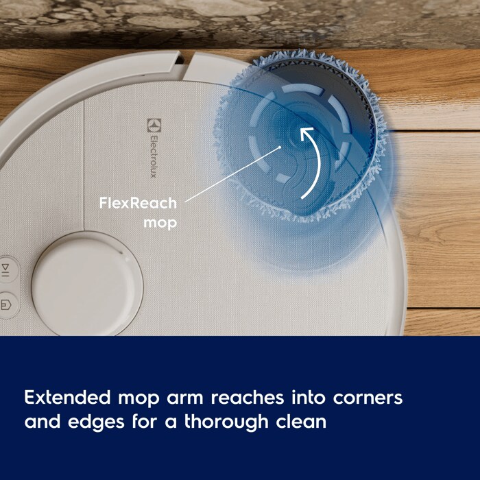 Extended mop arm reaches into corners and edges for a thorough clean