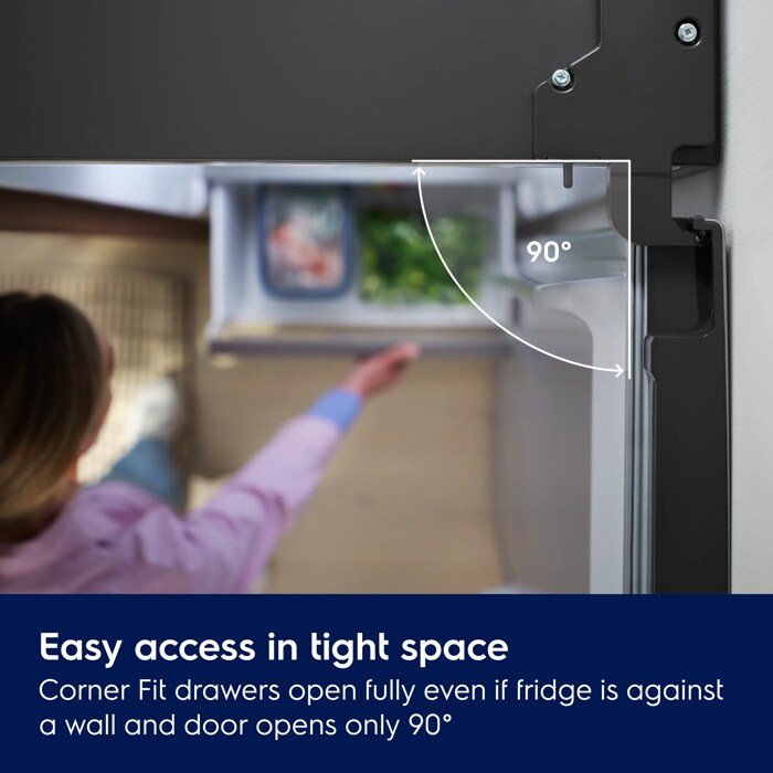 Corner Fit drawers extend fully even if door can open only 90°