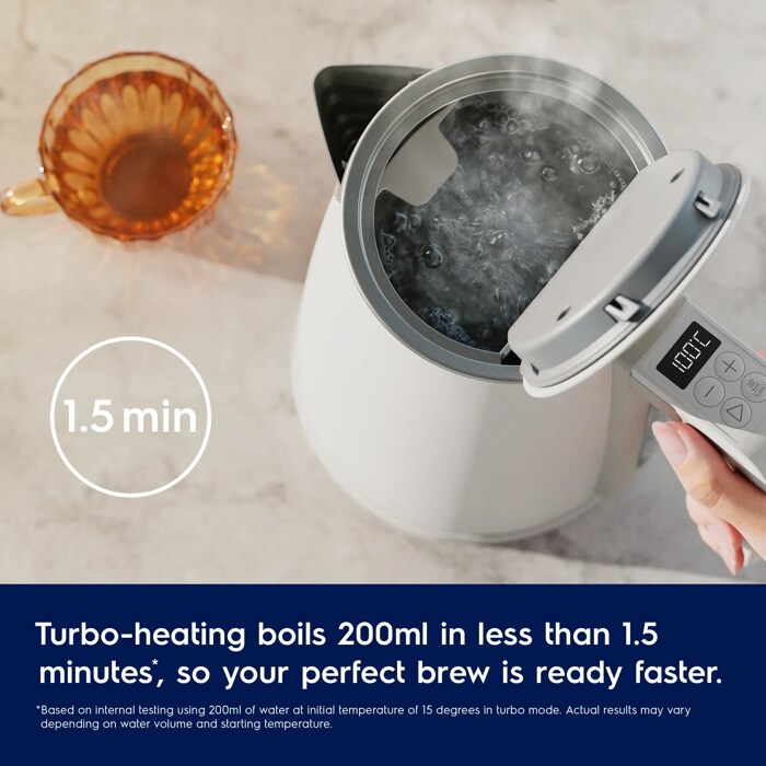 Turbo-heating boils 200ml in less than 1.5 minutes*, so your perfect brew is ready faster. Disclaimer: *Based on internal testing using 200ml of water at initial temperature of 15 degrees in turbo mode. Actual results may vary depending on water volume and starting temperature.