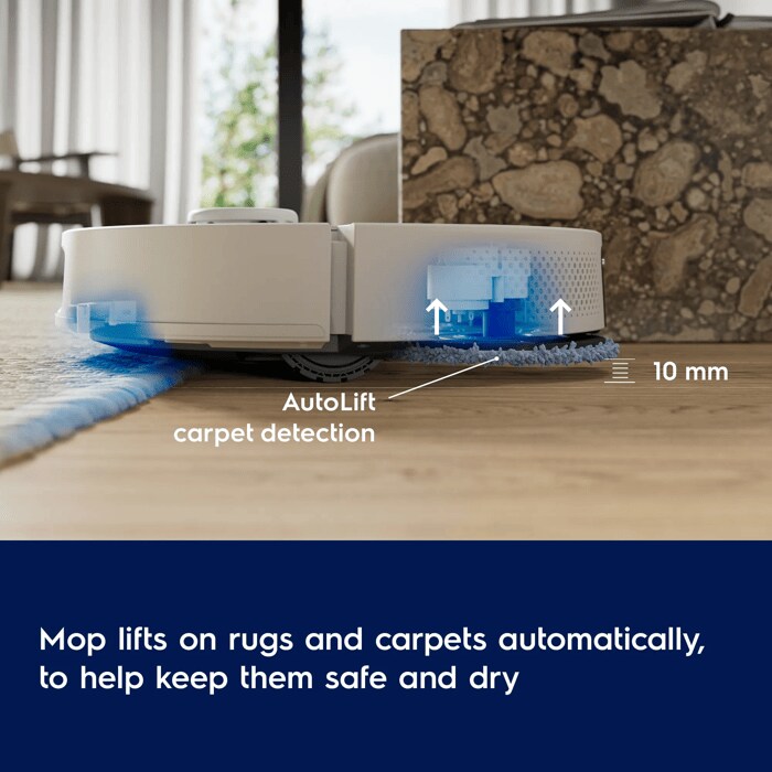 Mop lifts on rugs and carpets automatically, to help keep  them safe and dry.