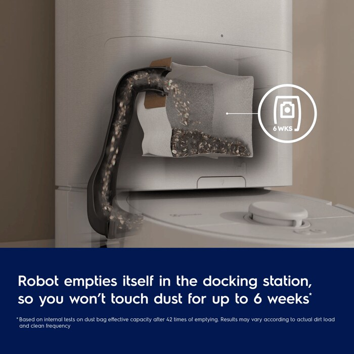 Robot empties itself in the docking station, so you won’t touch dust for up to 6 weeks
Disclaimer: Based on internal tests on dust bag effective capacity after 42 times of emptying. Results may vary according to actual dirt load and clean frequency 