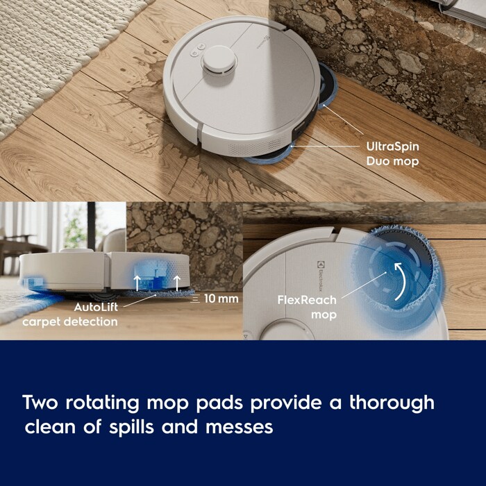 Two rotating mop pads provide a thorough clean of spills and messes. 