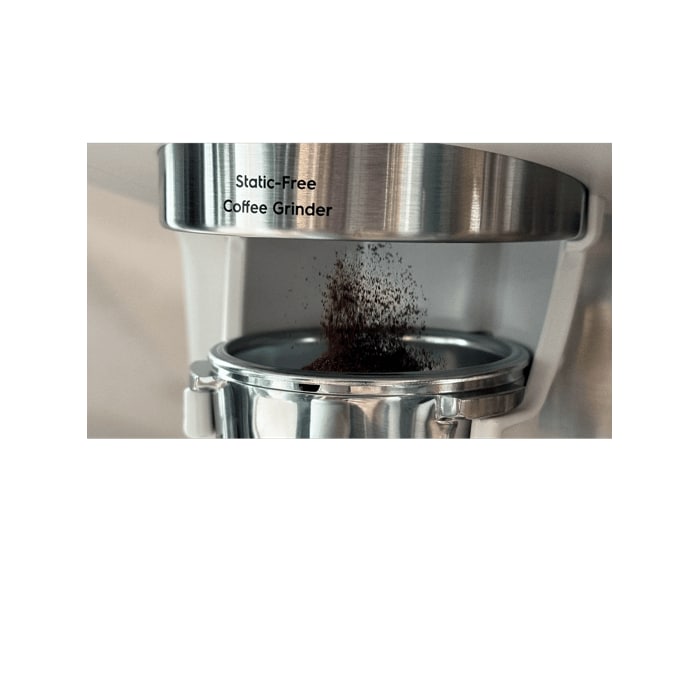 The burr grinder adjusts to 30 grinding levels for precision.