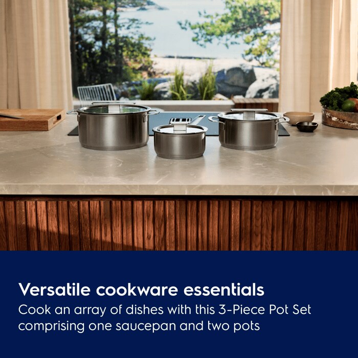 Versatile everyday cookware. Cook an array of dishes with this 3-Piece Pot Set comprising one saucepan and two pots