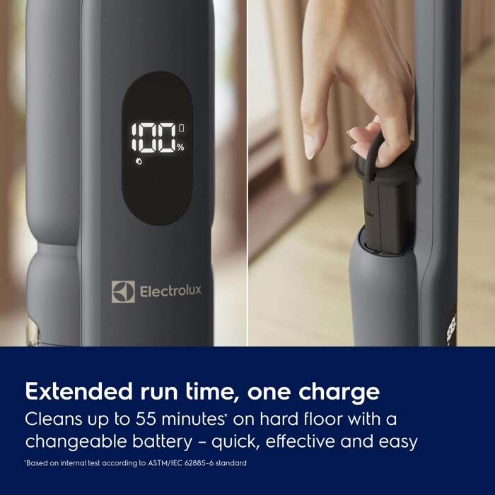 Get up to 60 minutes of runtime
Covering up to 200 sqm on one charge.
And with a detachable battery, extending cleaning time is simple.