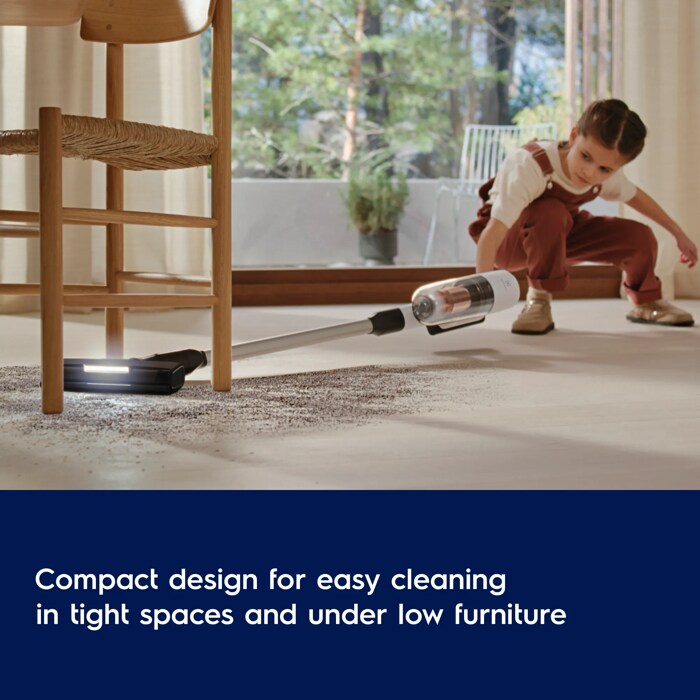 Compact design for easy cleaning in tight spaces and under low furniture