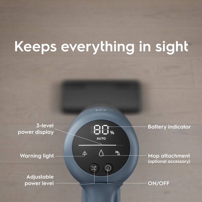 Keeps everything in sight. 3-level power display. Warning light. Adjustable power level. Battery indicator. Mop attachment (optional accessory). ON/OFF.