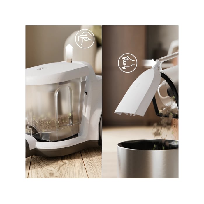 Vacuum cleaner with 2L dustbin designed for easy, spill-free emptying.