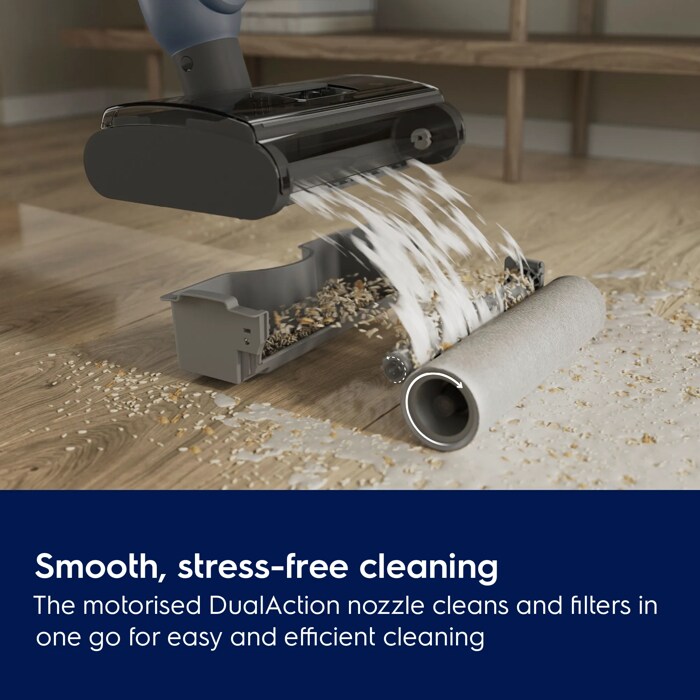 The DualAction nozzle features a high-efficiency brush-roll.
It filters solid debris from liquid, ensuring nothing gets left behind.
An integrated dust bin keeps disposal quick and mess-free.