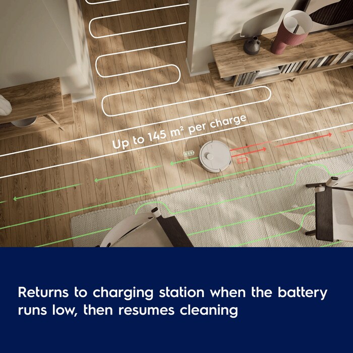 Returns to charging station when the battery runs low, then resumes cleaning