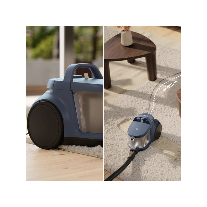 Easy to move, Easy to store, Big wheels and 9m cord for high mobility. Compact for easy storage