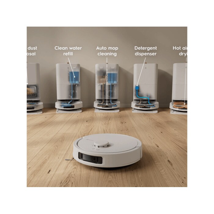All-in-1 station with auto-dust emptying and self-cleaning.