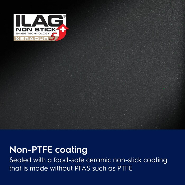 Non-PTFE coating. Sealed with a food-safe ceramic non-stick coating that is made without PFAS such as PTFE