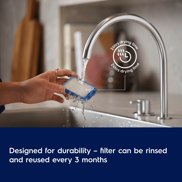 Designed for durability – filter can be rinsed and reused every 3 months 