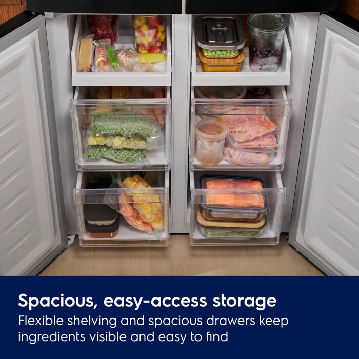 Flexible shelving and spacious drawers keep ingredients visible and easy to find